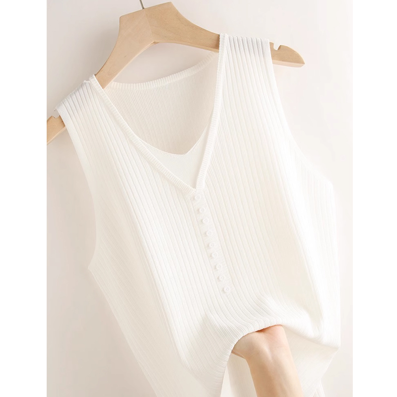 Chic Faux Two-Piece V-Neck Ice Silk Knitted Vest for Women, New Summer Style, Suitable for Wearing under a Blazer or as a Sleeveless Outerwear
