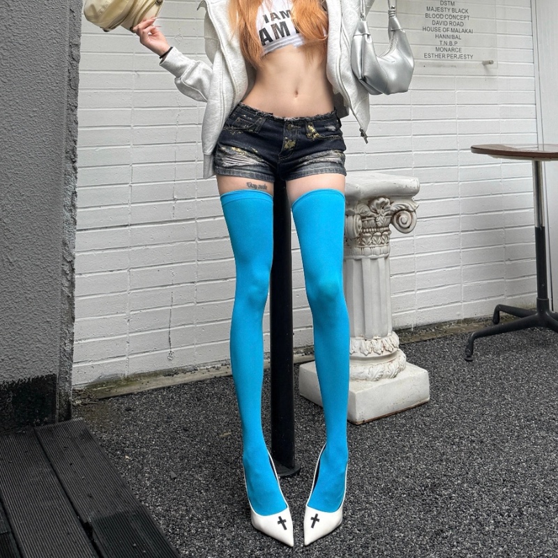 Autumn and Winter Candy-Colored Fashionable Hot Girl Breathable Velvet Lake Blue Socks for Women ins Trendy Long Socks Jk Over-The-Knee Socks Autumn and Winter Candy-Colored Fashionable Hot Girl Breathable Velvet Lake Blue Socks for Women ins Trendy Long Socks Jk Over-The-Knee Socks