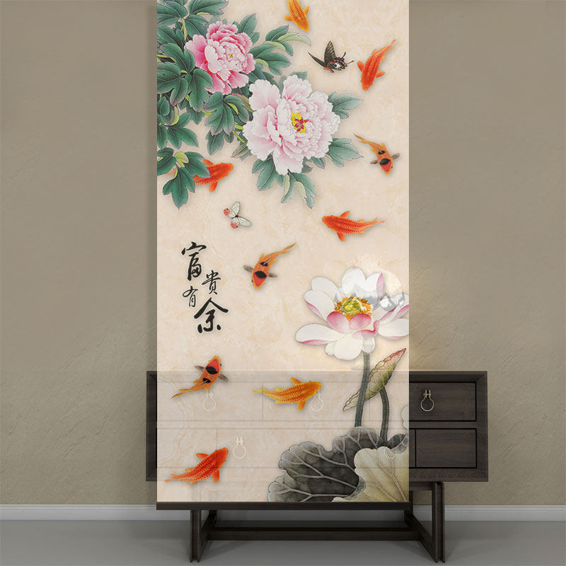 Translucent Door Curtain Partition Curtain Living Room Decoration Translucent Gauze Curtain Translucent Roller Blind Peony Nine Fish Figure