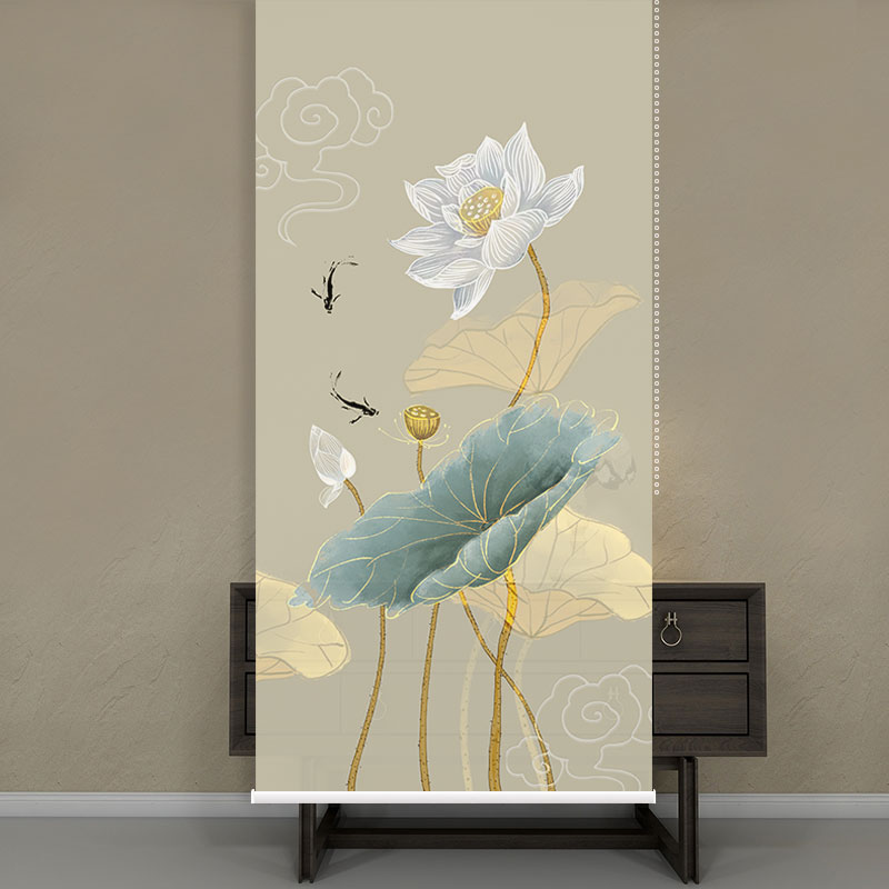 New Chinese roller shutter curtains soft partition shading lifting curtain hanging curtain Translucent Screen Soft Screen Zen lotus flower