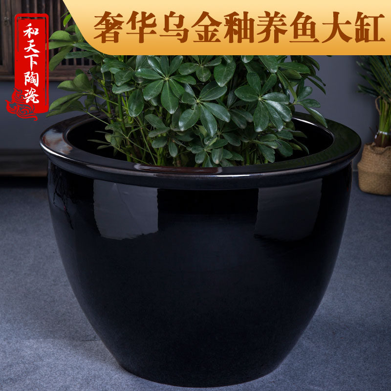 Jingdezhen Ceramic Flower Pot Wujin Glaze Extra Large Lotus Pot Cylinder Green Planting Tree Cylinder Garden Fish Cylinder Water Tank Ornament
