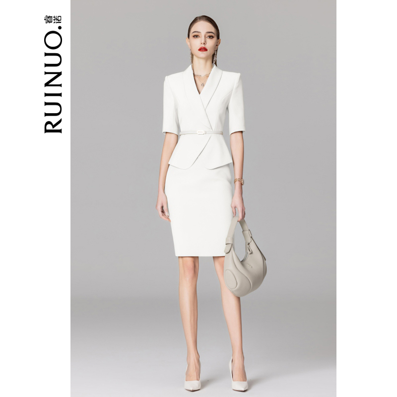 Ruinuo Beauty Salon Professional Outfit Set for Women, Fashionable and Elegant, Fake Two-Piece White Dress, Summer Petite Suit Dress