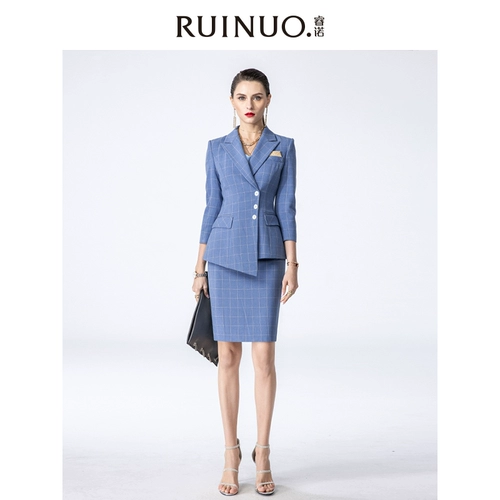 Весенний классический костюм, элитный синий комплект, в корейском стиле, облегающий крой