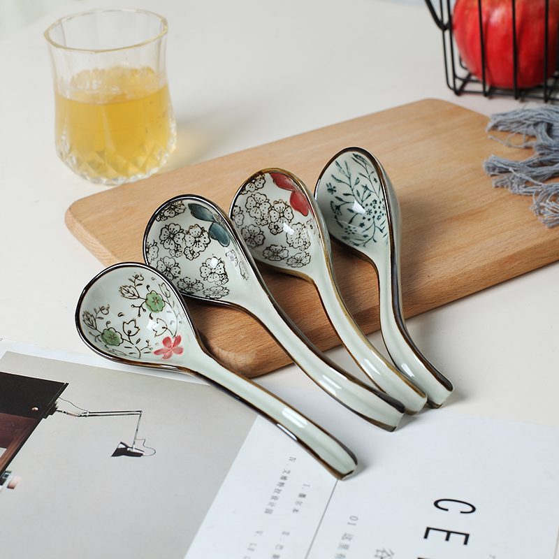 Japanese and many ceramic creative long - handled spoon, spoon stirring spoon, small spoon, under the glaze color hand - made medium spoon