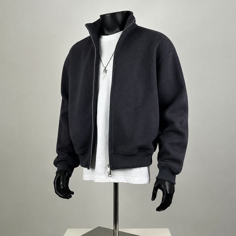Cleanfit Black Knitted Jacket for Men, Autumn High-End Lazy Style Korean Stand-Collar Sweater Cardigan Jacket