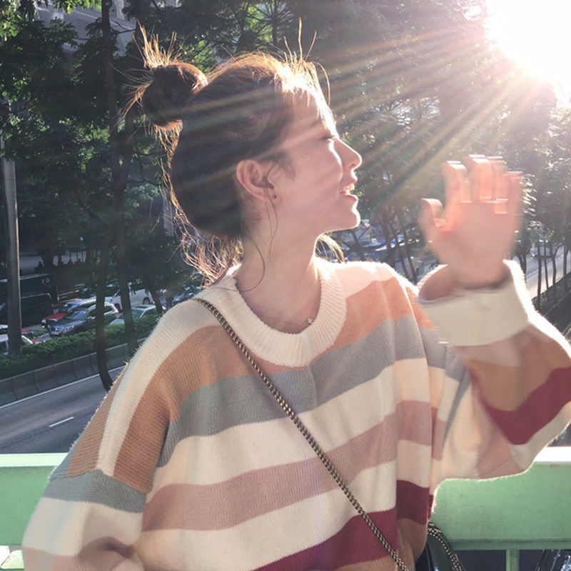 ins慵懒风彩虹条纹毛衣