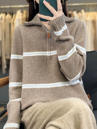 High Collar Half-Open 100% Pure Wool Sweater for Women, New Autumn and Winter Long-Sleeve Color-Block Loose Versatile Thickened Sweater Top