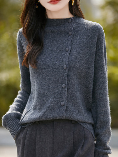 Old money style oblique placket wool knitted cardigan for women gray sweater jacket high-end age-reducing thickened warm bottoming shirt