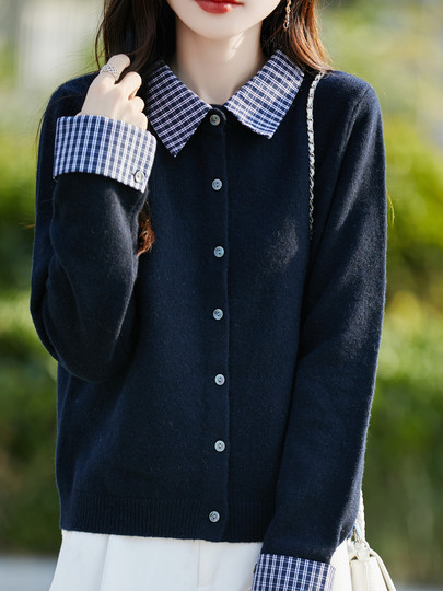 Plaid fake two-piece pure wool knitted cardigan for women 26 autumn and winter new style wool soft and waxy splicing jacket top shirt