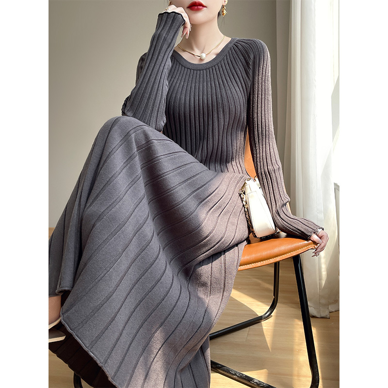 Autumn and Winter Extra-Long Over-The-Knee Sweater Dress for Women, Autumn and Winter Round Neck with Coat, Waist-Cinching Knitted Mid-Length Dress