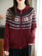 Fair Isle Style Retro Jacquard Knit Cardigan for Women, New Double-Zip Red Sweater Coat, Warm Base Layer Trendy Top