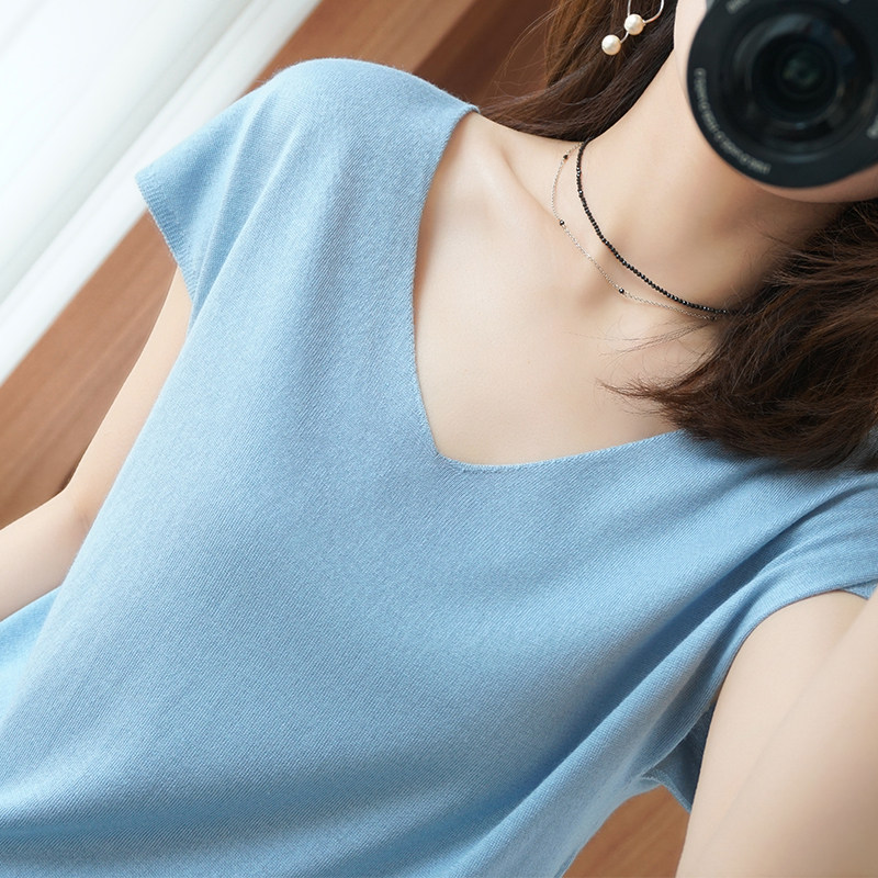 Summer V-neck knitwear short sleeve Women's Ice Silk top ins tide Loose Women's 2021 new women's thin T-shirt