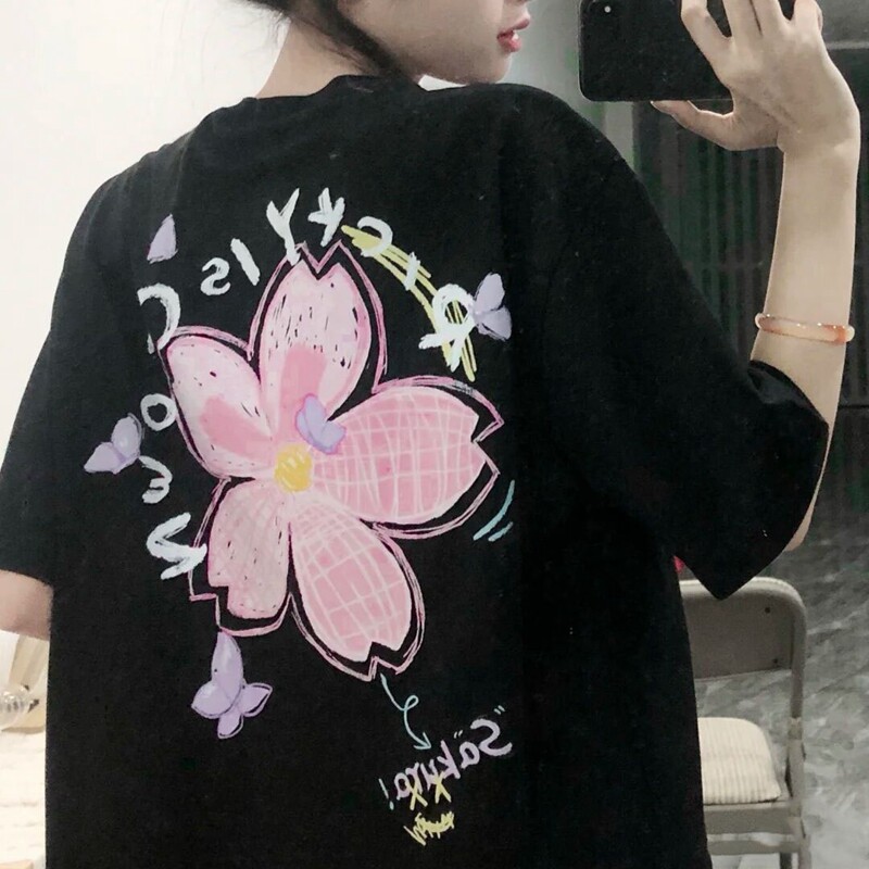 Black T-shirt women's summer black T-shirt new Joker cherry blossom letter printing short sleeve jacket loose casual short sleeve