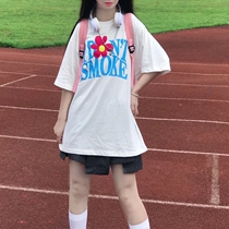Summer 2021 new ins flower letter printed short sleeve T-shirt long loose women's white bottoming coat