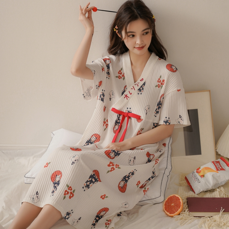 Nightdress women's summer cotton short-sleeved long section 2022 new cute net red style large size pregnant women's pajamas with chest pad