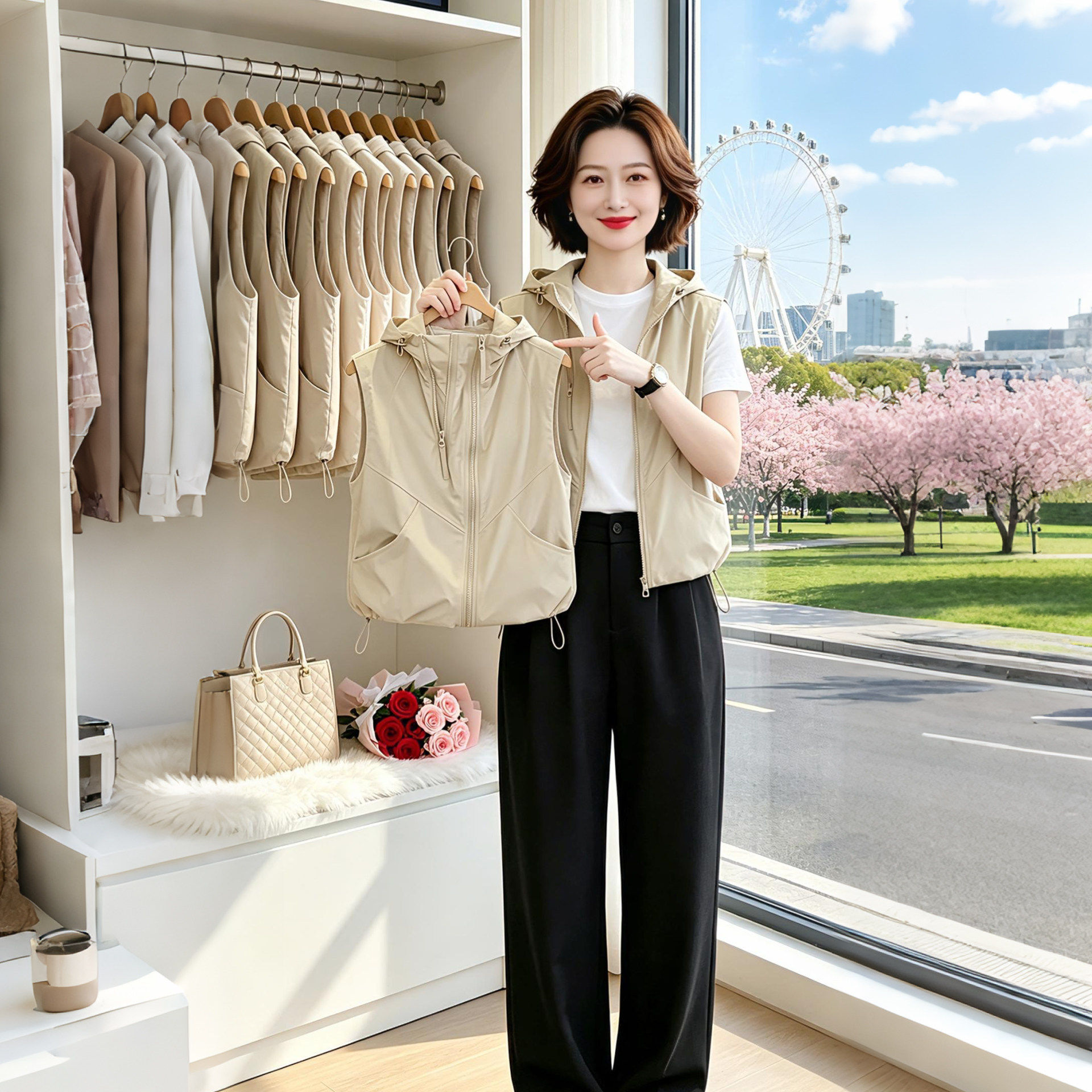 马甲女款2026新款夏季轻薄透气时尚洋气显瘦运动连帽马夹上衣服潮