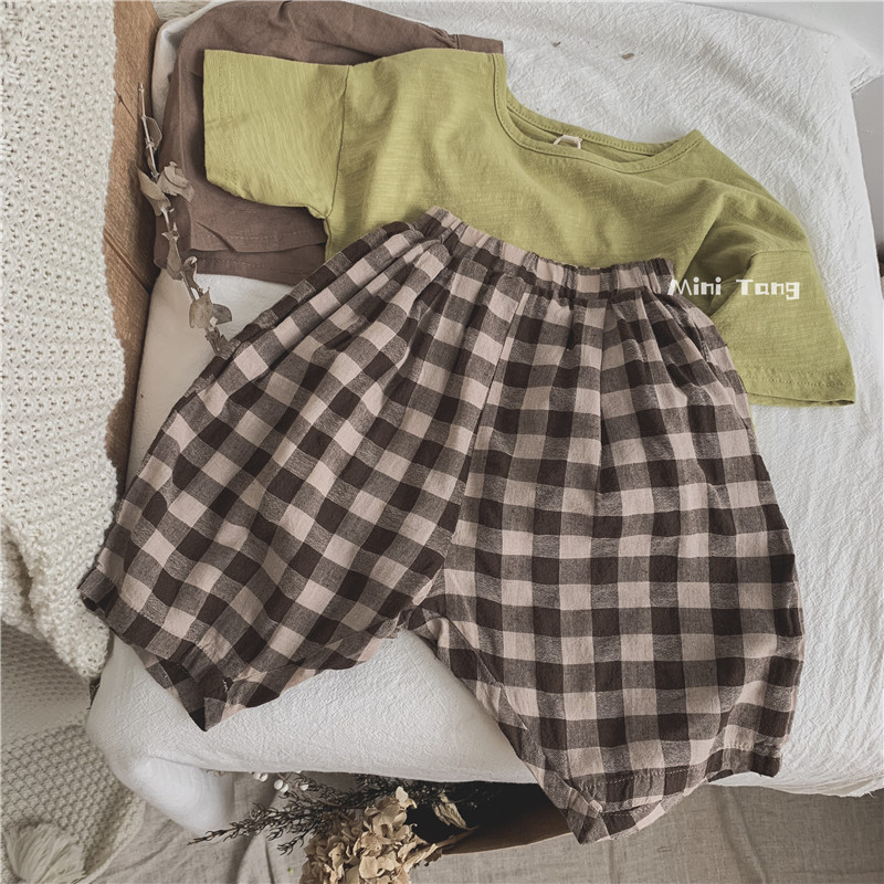 Pro-skin glutinous ~ Korean Senteo neutral boy girl cotton linen grid 50% pants baby light and thin summer Roof pants
