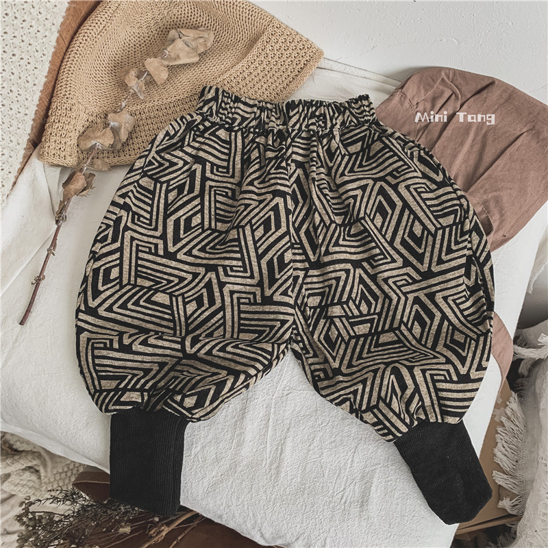 Personality geometric printing~Retro Korean children bound foot lantern pants for men and women baby pants spring and autumn