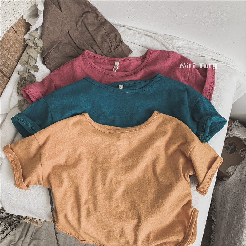 Soft waxy skin-friendly cotton ~ Han Fansen children's slub cotton wide short-sleeved T-shirt male and female baby cross-shoulder top summer dress