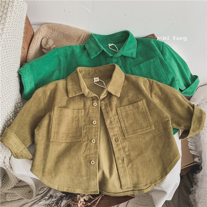 Good version retro~Korean version children's corduroy lapel shirt men and women baby loose coat cardigan spring and autumn