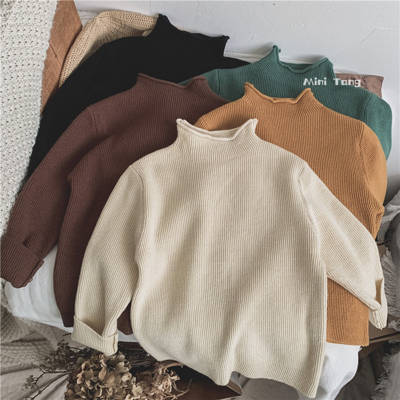 Manpower BI Korean version of solid color elastic curling high collar sweater men and women baby warm sweater bottoming shirt autumn and winter
