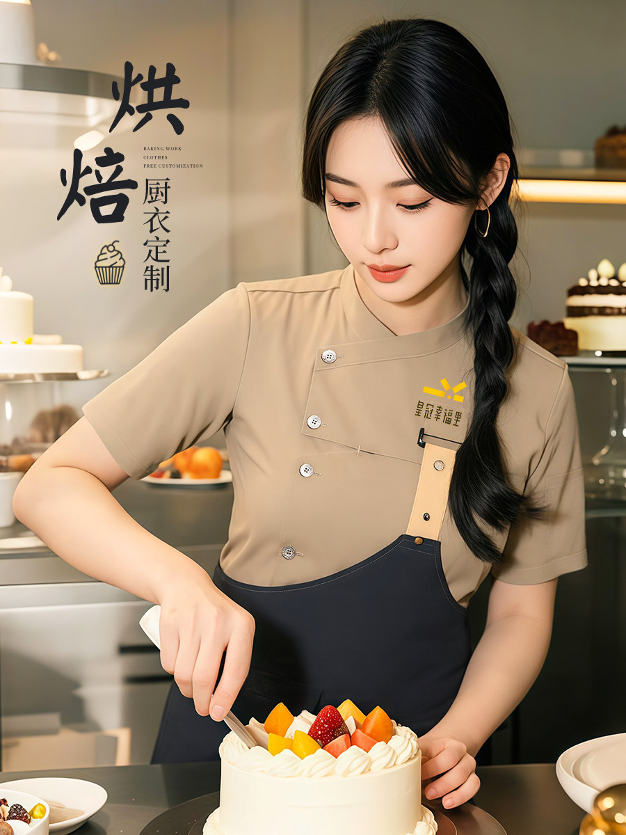 明星同款厨师工作服定制蛋糕烘焙西餐面点饭店厨房短袖厨衣套装女