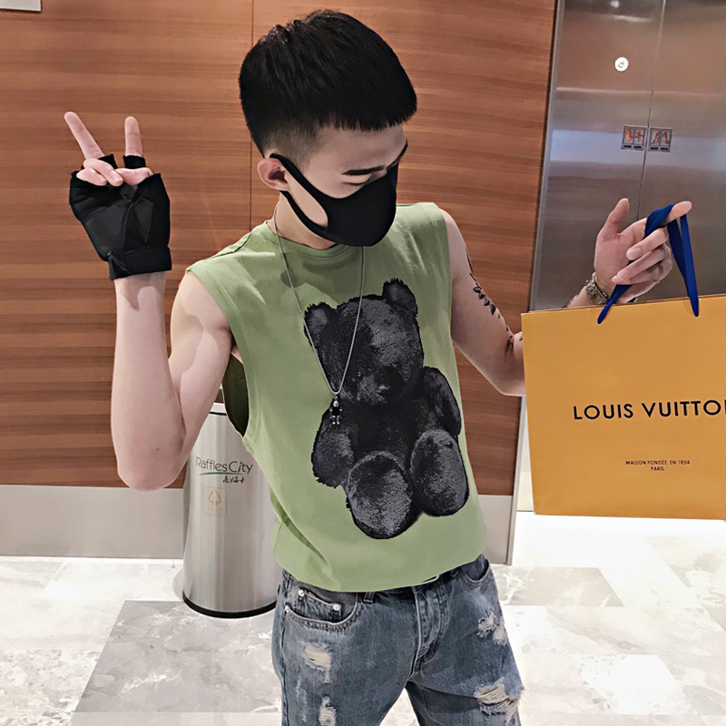 xu hướng thương hiệu thủy triều cá tính nam vest một con gấu in tay t-shirt in tinh thần xã hội anh chàng bên ngoài mặc một vai gập ghềnh