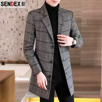 Woolen coat men's autumn and winter Korean version of slim plaid woolen jacket men's windbreaker medium and long version of youth leisure tide