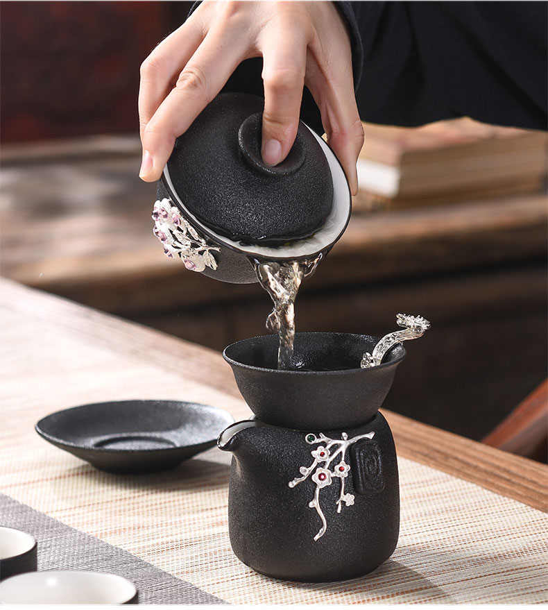 Tao blessing coppering. As the silver tea set of black suit household kunfu tea tea kettle black zen cup combination