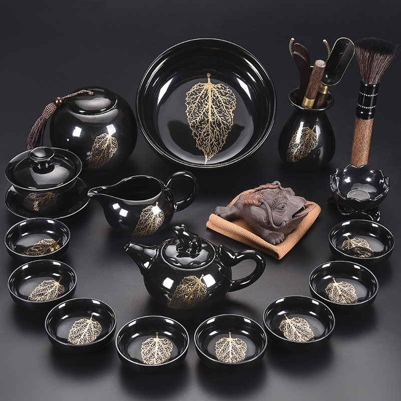 Tao Fuqi Black Sky Eye Jianzhan Tea Set Household set of golden wood leaf cup teapot teacup teacup tea cup tea set Jianzhan
