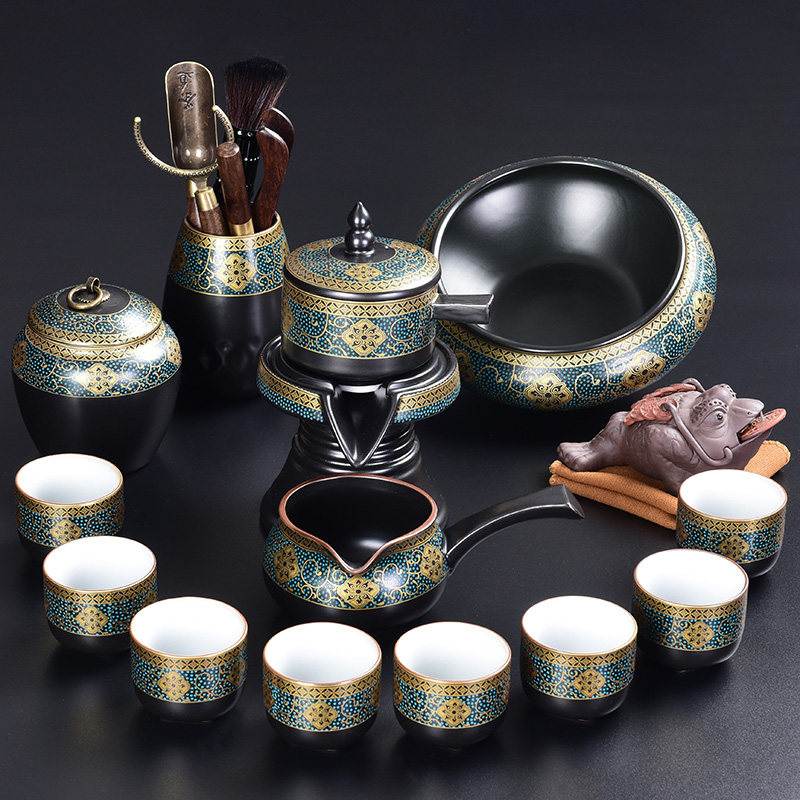 Enamel color Tianmu Jianzhan Stone mill Lazy automatic tea set set Household gold leaf black ceramic automatic tea set