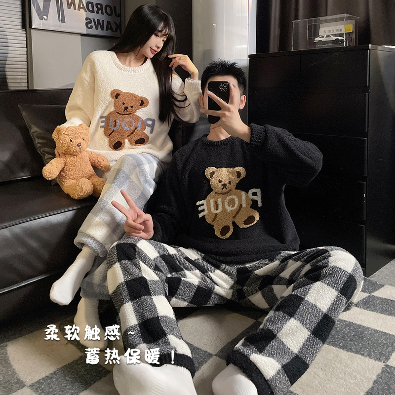 Half-Velvet Couple's Pajamas for Women, Autumn and Winter Thickened Fleece Long-Sleeve Japanese-Style Cute Teddy Bear Men's Loungewear Set Half-Velvet Couple's Pajamas for Women, Autumn and Winter Thickened Fleece Long-Sleeve Japanese-Style Cute Teddy Bear Men's Loungewear Set