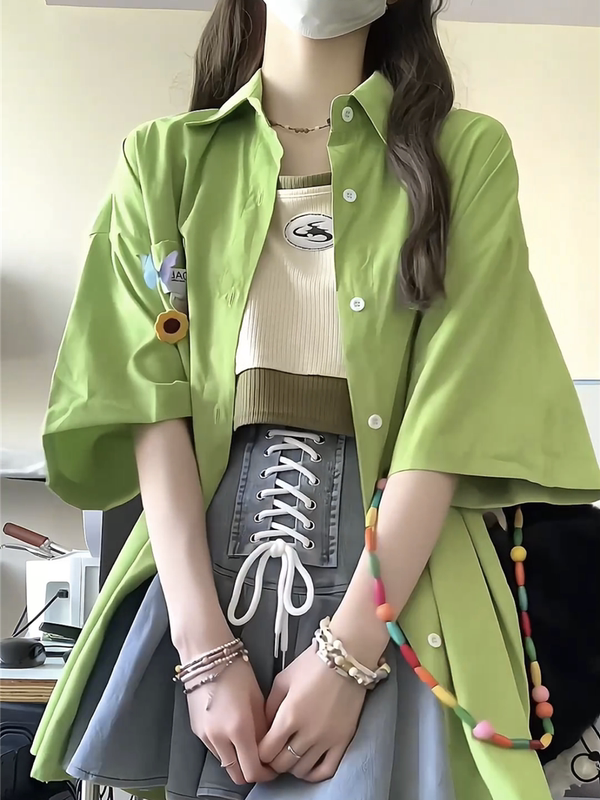 American Retro Avocado Green Polo Collar Short-Sleeved Shirt for Women in Summer, Loose, Slim and Versatile, Student Couple Tops