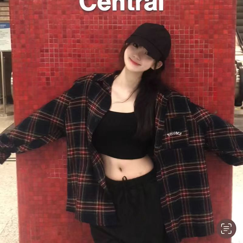American Retro Burgundy Plaid Shirt for Women, New Summer Style, Lazy Style, Loose Long-Sleeved Shirt, Air-Conditioned Room Jacket