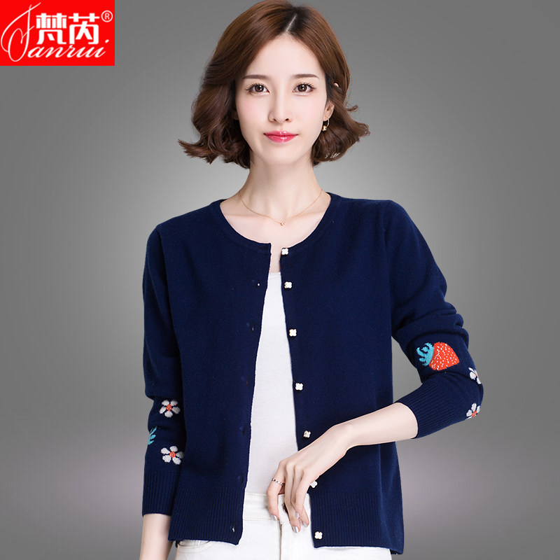 Spring and Autumn New 100 Pure Wool Cardigan Women's Coat Knit Top Round Neck Jacquard Loose Sweater Short Outerwear - Taobao