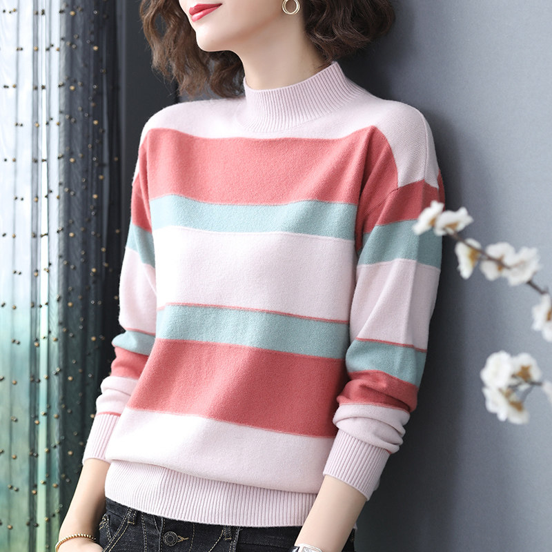 100% wool sweater women's half turtleneck pullover large size loose knitted women's top striped color-blocking sweater autumn and winter inner wear