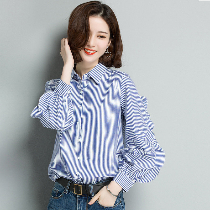 Lace shirt women's long-sleeved Han Fan loose ruffled cotton shirt women's striped spring and autumn new women's bottoming top