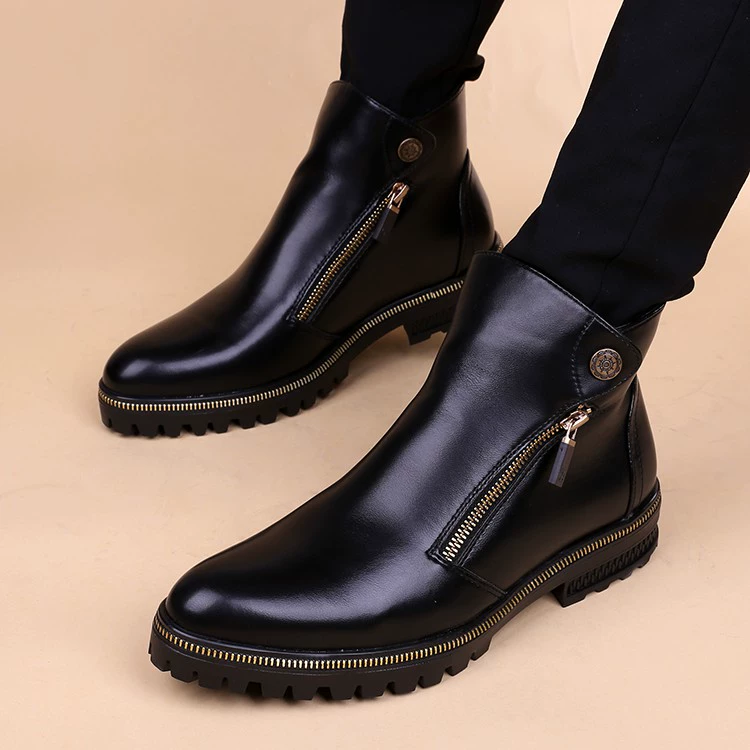 Giày nam sành điệu màu đỏ ròng Giày Martin boots nam phiên bản Hàn Quốc của xu hướng giày da dây kéo Giày bốt ngắn tạo kiểu tóc mũi nhọn của Anh tăng - Giày ống