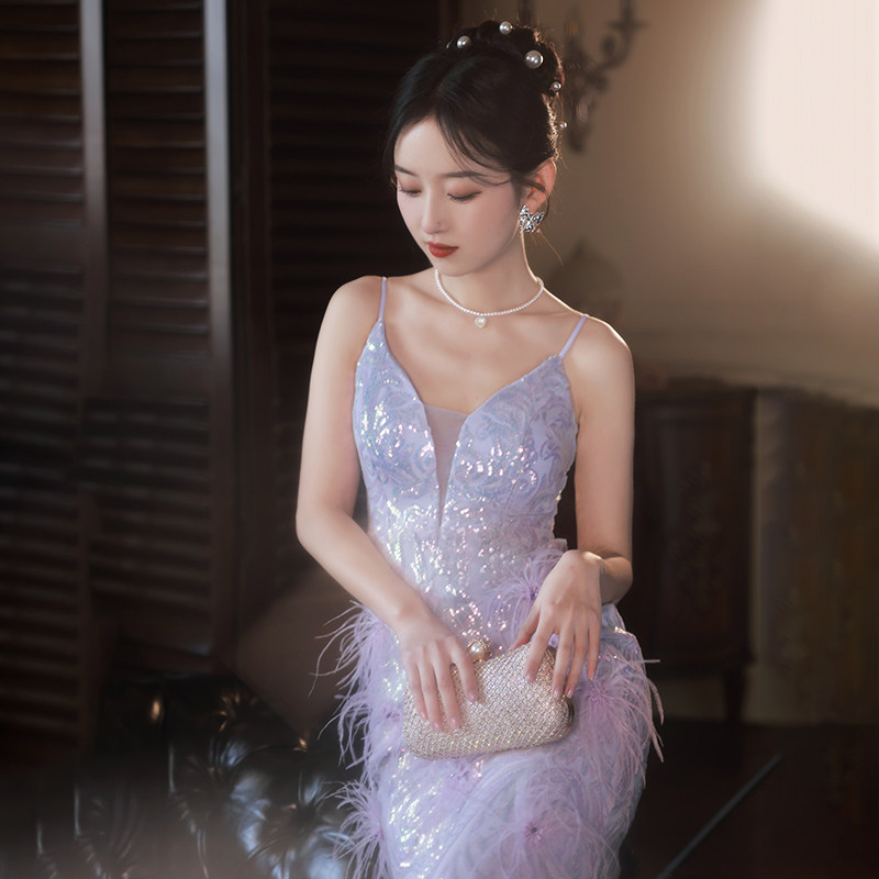 2025新款高端晚礼服: 紫色重工吊带名媛鱼尾裙,小众轻奢主持人的首选!👗-礼服-淘宝好物网