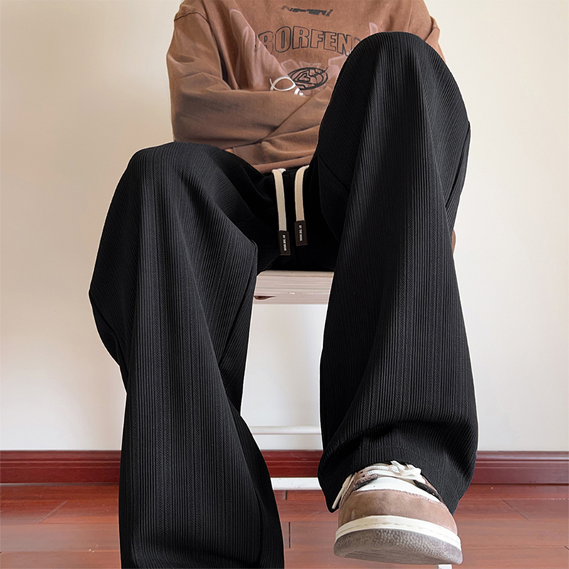 Drapey Straight-Leg Pants for Men, Autumn and Winter, Fleece-Lined, Large Size, Loose Wide-Leg Trousers, Men's Black Casual Pants