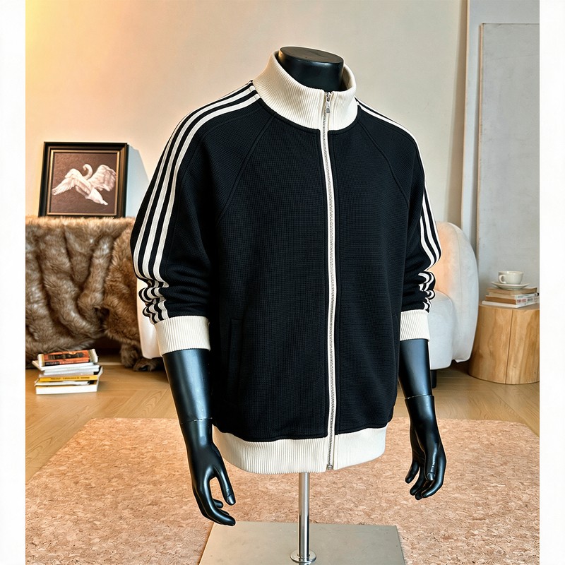 American-Style Three-Stripe Cardigan Sweatshirt Jacket for Men, Autumn Trendy College Style Sports Top, Zip-Up Stand Collar Jacket for Men