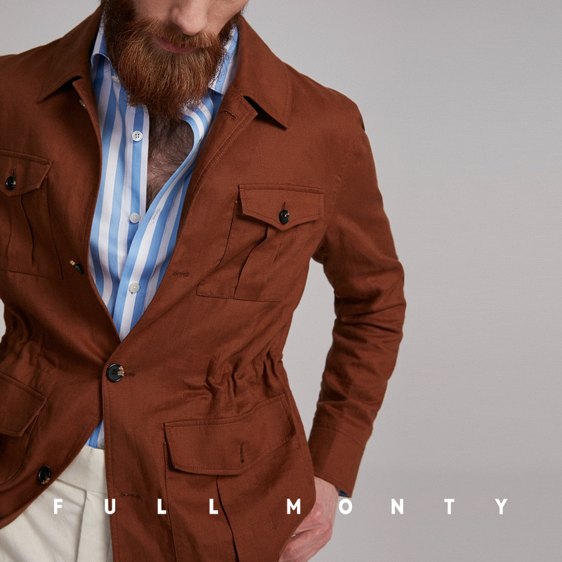 Full Monty Spring / Summer Cà phê màu lanh kinh doanh bình thường đơn hàng nút-up áo khoác săn áo khoác áo khoác của nam giới.