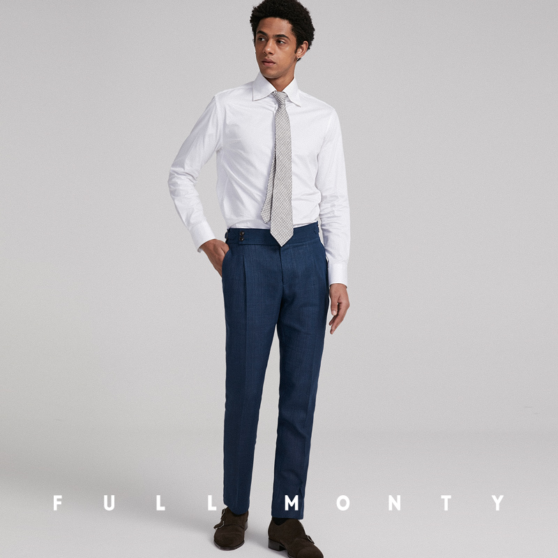 Full Monty Tây Tạng xanh thô dệt tre kết cấu phần dipants đàn ông điều chỉnh eo cao dài quần âu.