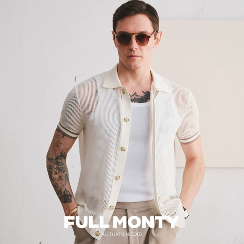 FULL MONTY Хлопковый белый трикотажный ретро кардиган для отдыха, короткий рукав