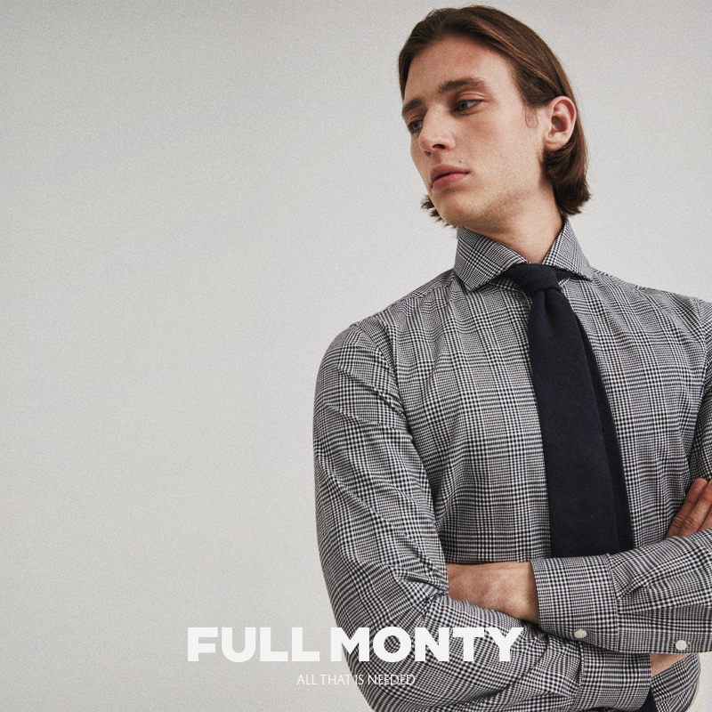 FULL MONTY Men's dress with long sleeves shirt Thousand birds Checkered Business Suit Spring Autumn Season Casual Lining