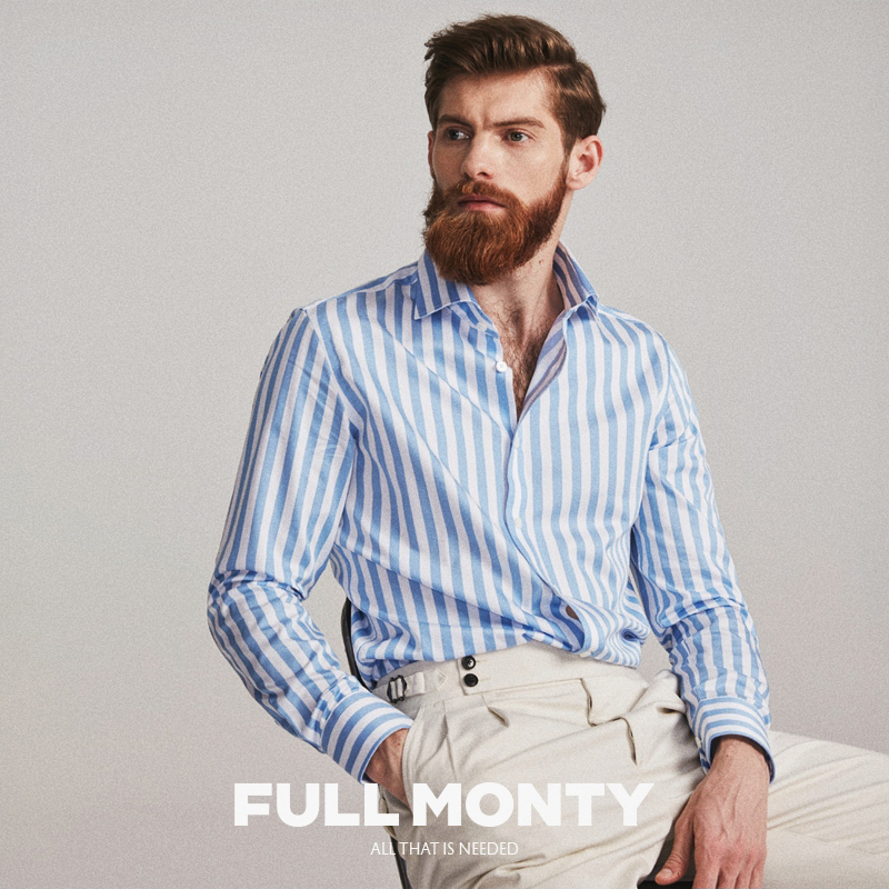 FULL MONTY shirt men's blue striped business casual slim-fit formal cotton long-sleeved shirt spring and summer