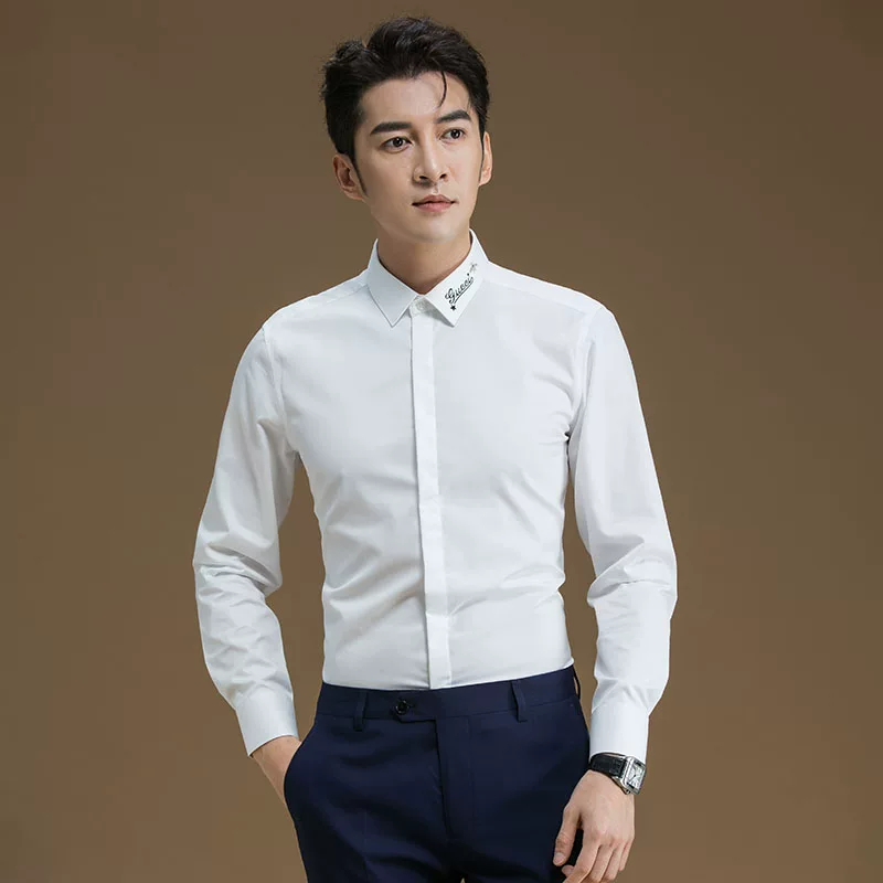 POWO Summer shirt, with embroidery, slim fit, Korean style