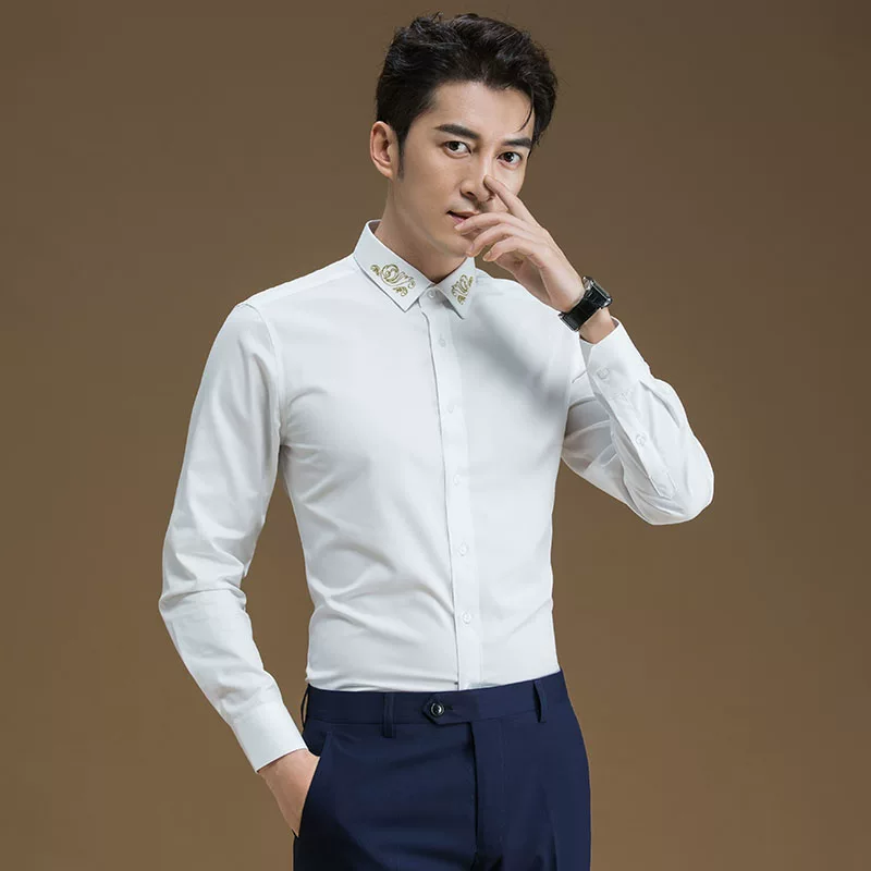 POWO Summer shirt, with embroidery, slim fit, Korean style