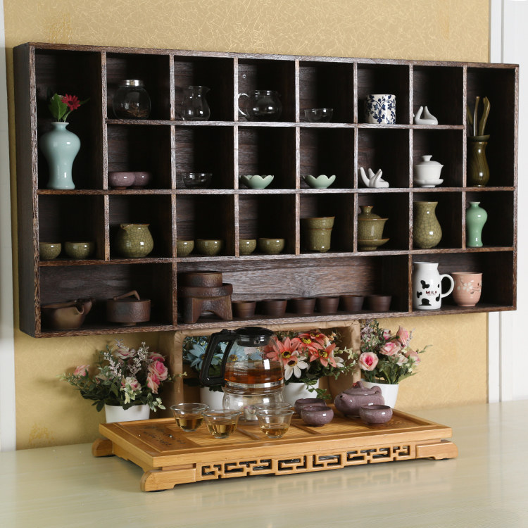 Retro solid wood Duobaoge tea cup rack tea set rack storage cabinet teapot rack Xiaobo ancient rack tea set accessories tea pet