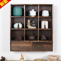  Dust-proof teacup shelf Solid wood retro purple sand pot tea set rack storage cabinet teapot rack Small antique rack support custom